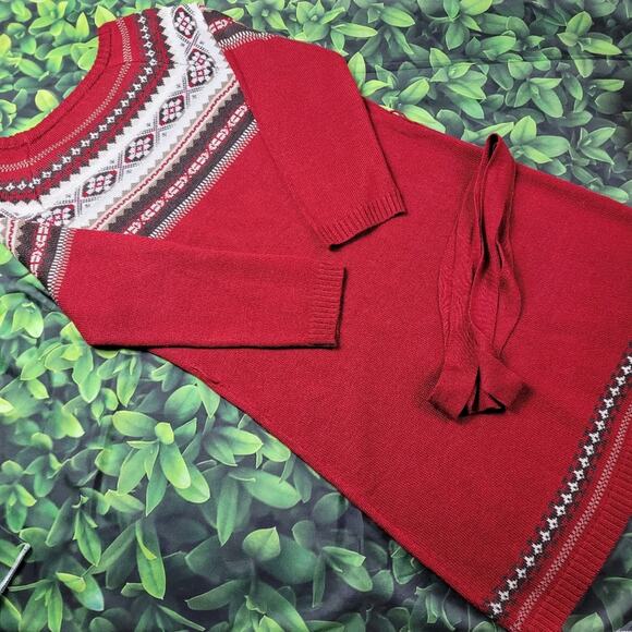 Massini Fair Isle Dark Red Maroon Sweater Dress Tunic Self Sash Belt size Large - Picture 6 of 13